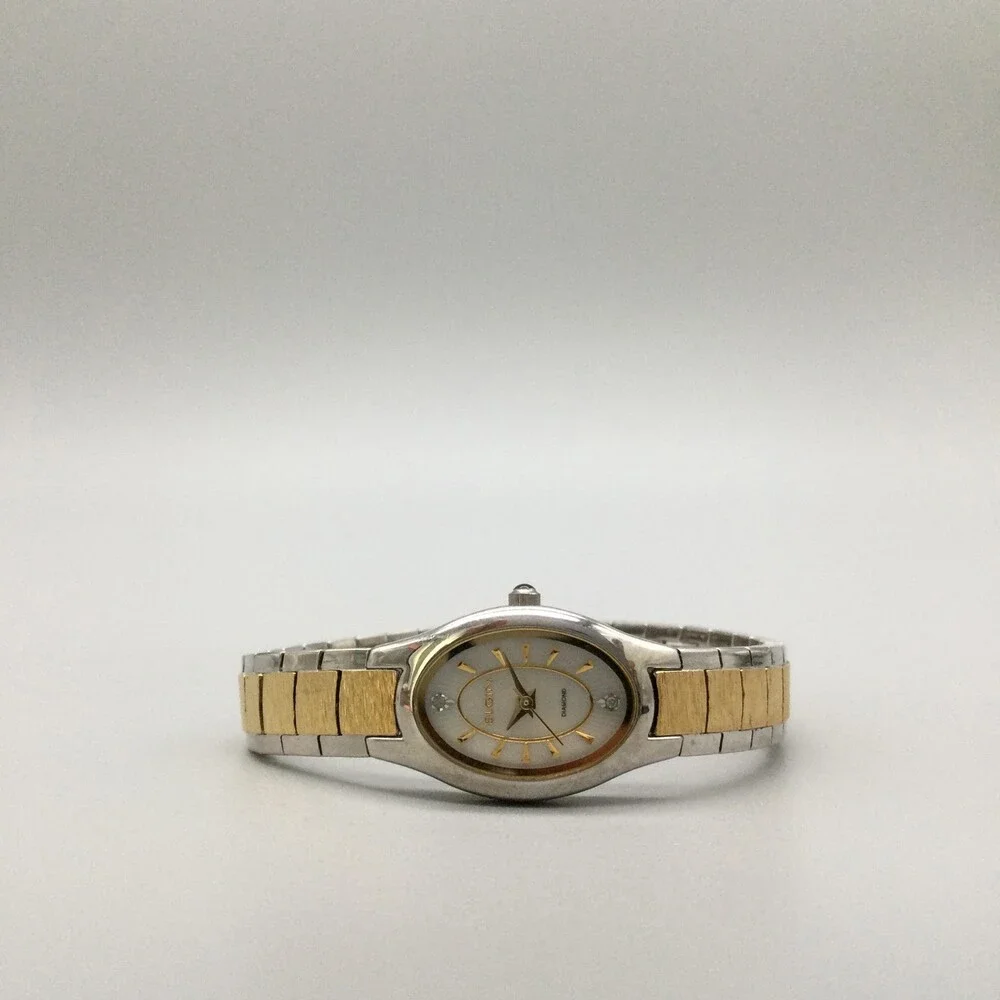 Elgin Womens Watch 18mm MOP Dial Two Tone Diamond EG259N New Battery 6.75